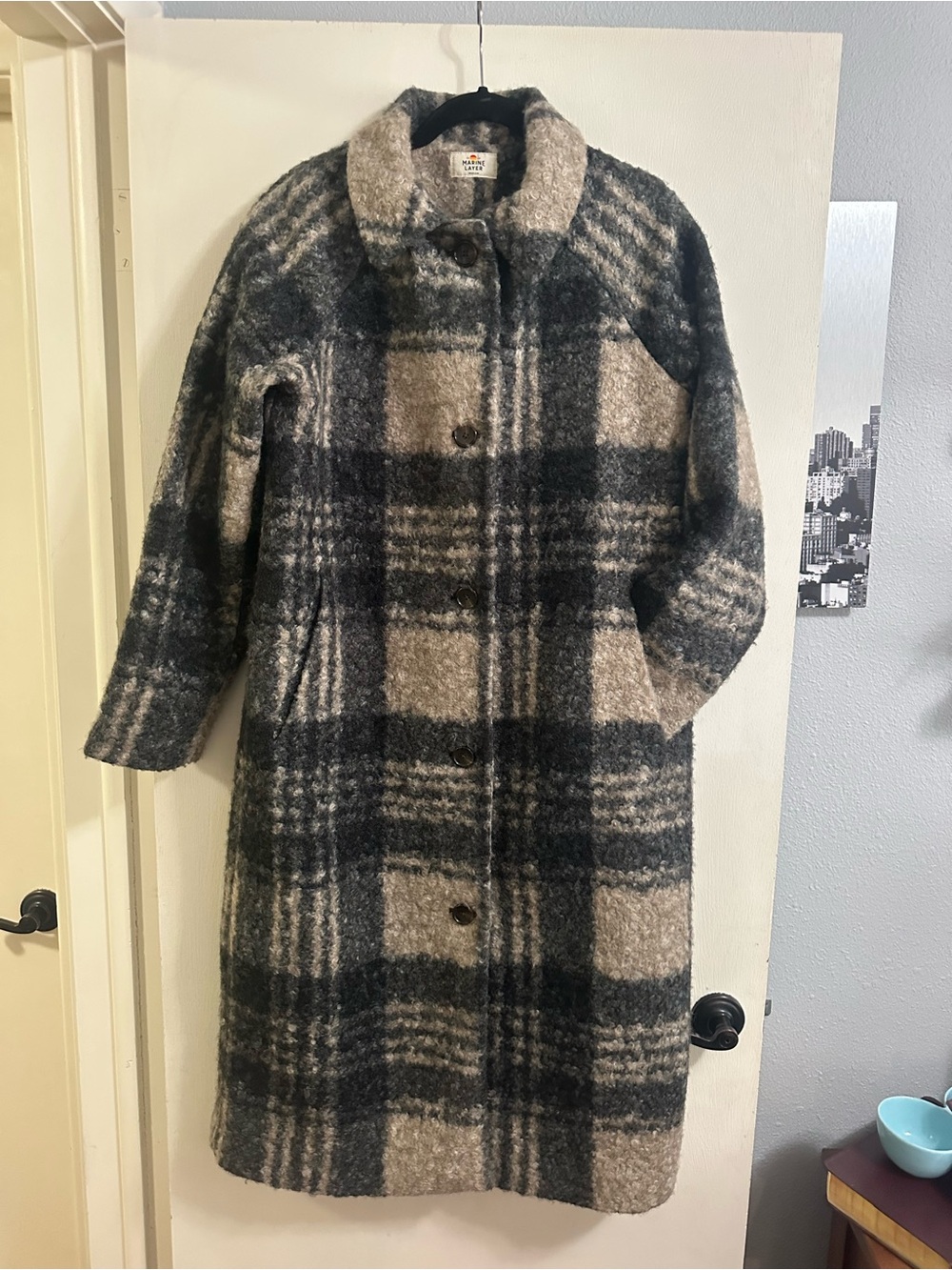 Marine Layer Plaid Longline Aspen Coat in Black & Tan - Picture 7 of 7